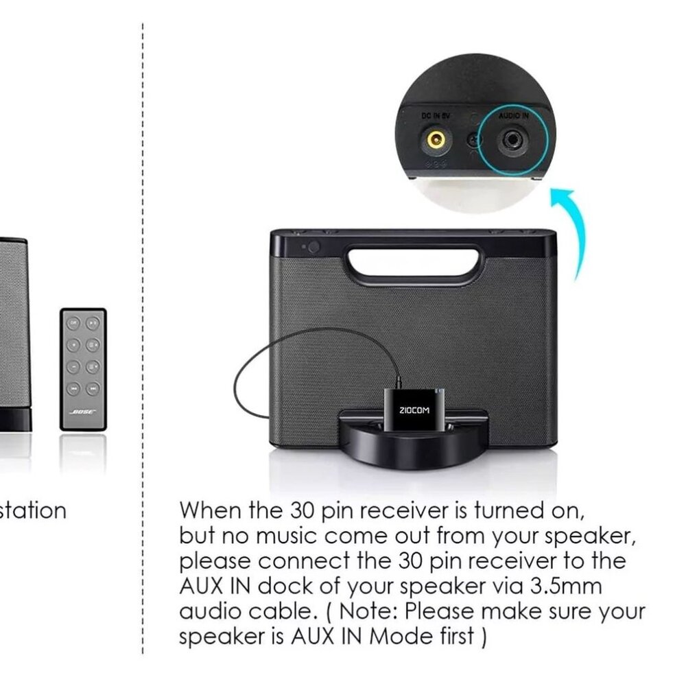 NEW ZIOCOM 30 Pin Bluetooth Adapter Receiver - Bose iPod iPhone SoundDock & More